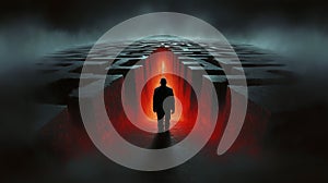 Inside a human mind, a person trapped in his own thoughts. Brain in the shape of a labyrinth. Decisions to be made photo