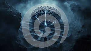 Inside a human mind, a person trapped in his own thoughts. Brain in the shape of a labyrinth. Decisions to be made photo
