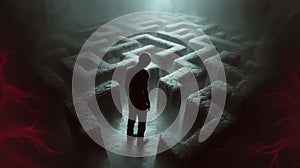 Inside a human mind, a person trapped in his own thoughts. Brain in the shape of a labyrinth. Decisions to be made photo