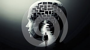 Inside a human mind, a person trapped in his own thoughts. Brain in the shape of a labyrinth. Decisions to be made photo