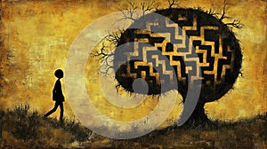 Inside a human mind, a person trapped in his own thoughts. Brain in the shape of a labyrinth. Decisions to be made photo