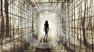 Inside a human mind, a person trapped in his own thoughts. Brain in the shape of a labyrinth. Decisions to be made photo