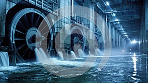Inside the hydro plant large turbines spin silently generating power from the force of water in a clean and renewable photo