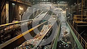 Inside the industrial hall of a recycling plant where endless streams of waste are sorted.