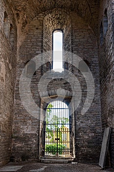 Inside interior architecture of an ancient medieval church ruin with bright sky in Visby Gotland.