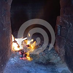 Inside of a joss paper burning brick kiln, Taiwan