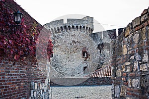 Inside Kalemegdan fortress at autumn, towers and walls with red leaves, Kalemegdan, Belgrade