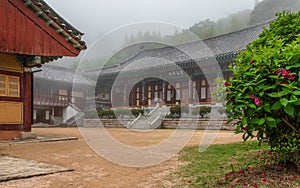 Inside the Korean Buddhistic Temple Daeseongam, Great Saint Hermitage, near Beomeosa on a foggy day. Located in Geumjeong, Busan,