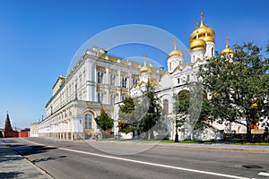 Inside Kremlin. View of Ivan the Great Bell Tower, Assumption Cathedral and The Cathedral of the Archangel