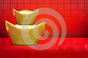 inside left, ancient two gold chinese money stack on red velvet fabric floor, red wall background, decor, money, object, chinese,