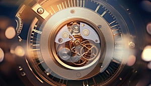 Inside mechanism, clockwork with working gears. Close-up, detailed.