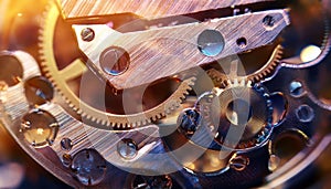 Inside mechanism, clockwork with working gears. Close-up, detailed.