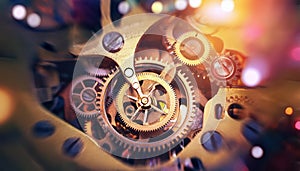 Inside mechanism, clockwork with working gears. Close-up, detailed.