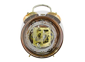 Inside mechanism of old alarm clock isolated on