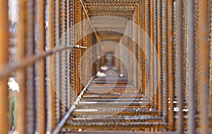 Inside metal armature carcass. Rebar for concrete construction work