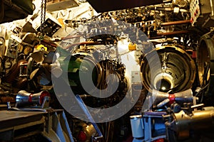 Inside military war submarine warship torpedo room