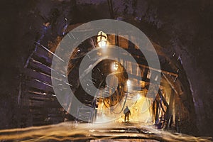 Inside of the mine shaft with fog photo