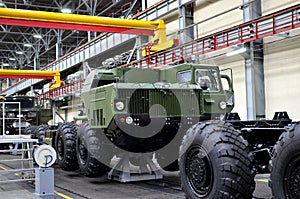 Inside of the Minsk Wheel Tractor Plant. Industrial workshop for the production of military trucks. Factory of the