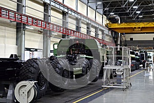 Inside of the Minsk Wheel Tractor Plant. Industrial workshop for the production of military trucks. Factory of the