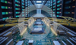 inside a modern data center: a detailed view of server hardware, cabling, and network infrastructure for cloud computing and data