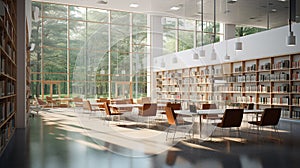 Inside a modern library with many books on book shelves, Empty library reading area.