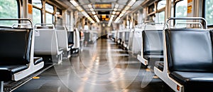 Inside a modern train, empty seats are lined up, offering a clean and comfortable space for passengers to enjoy their journey