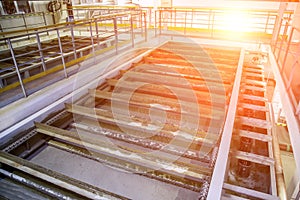 Inside modern wastewater treatment plant. Flotation tank with waste water