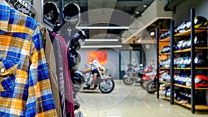 Inside the motorcycle store. Clothing, helmets, motorcycles. Focus on the foreground