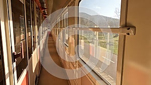 Inside of moving train with no passengers in sight