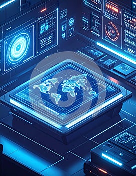 Futuristic Command Center with Holographic World Map