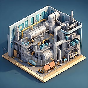 inside neuclear power plant with cutaway isometric low poly art 3d style