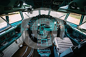Inside old abandoned disused passenger airplane