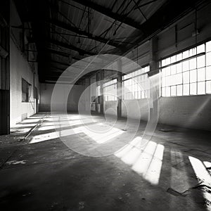 inside an old abandoned factory with the sun streaming through the windows generative ai