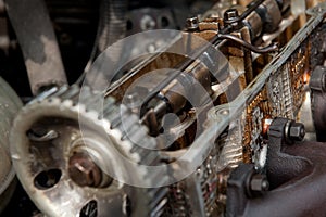 Inside old car engine on scrap yard