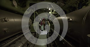 Inside of an old submarine with the engine and pressure gauge, Interior tour of combat submarine