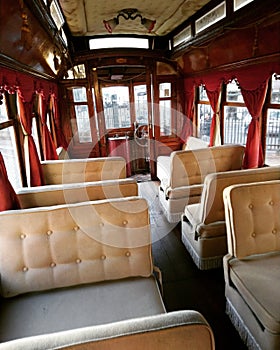 Inside of and old tram in Lisbon, Portugal