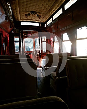Inside of and old tram in Lisbon, Portugal