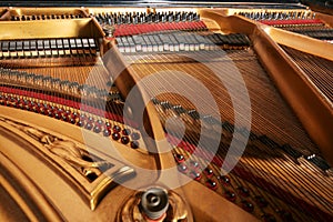 Inside an older grand piano with golden painted metal frame, strings, hammer, damper and red felt, showing the mechanics of the
