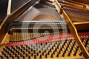 Inside an older grand piano with metal frame, strings, hammer, damper and red felt, mechanics of the acoustic musical instrument,