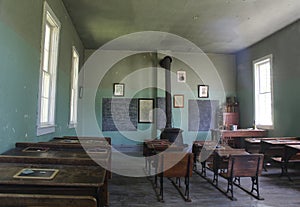 Inside One Room Schoolhouse Desks and Wood Stove