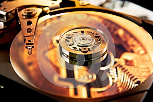 Open computer hard drive with the projected bitcoin symbol