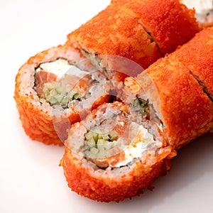 Inside-out Sushi rolls decorated with masago or tobiko caviar. Sushi Set. Close up shot. Classic Japanese food, Oriental