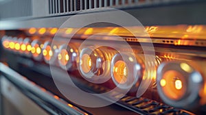 The inside of a panel heater exposing the heating coils and reflectors that distribute heat evenly throughout the room photo