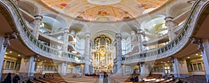 Inside panoramic view of dome of the Frauenkirche church in Dresden, Germany, one of the top attractions in the city.