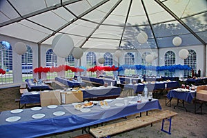 Inside a party tent.