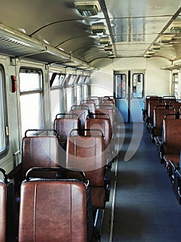 Inside of passengers train wagon. Empty vintage train interior.