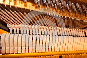 Inside piano. Part of internal mechanisms close-up.