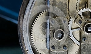 The inside of the pocket watch, macro photography. Golden details of an old watch. Gears in the watch close shooting on