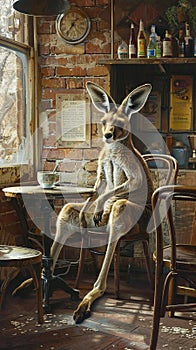 Inside a quaint cafe, a kangaroo in a chair takes a peaceful break with its favorite coffee