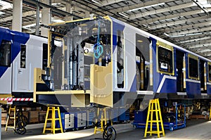 Inside of the rail car assembly plant. Industrial workshop for the production of European high speed trains.